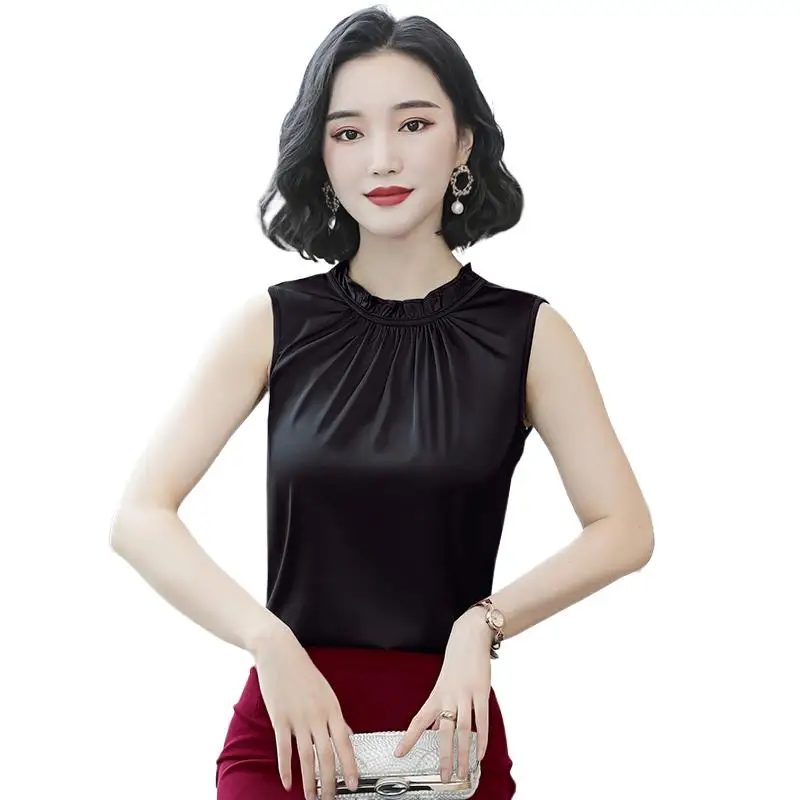 

2024 Women Summer Chiffon ruffle collar Blouses Plus Size Office Women Elegant Satin Shirts Silk wild Vest Woman Tops