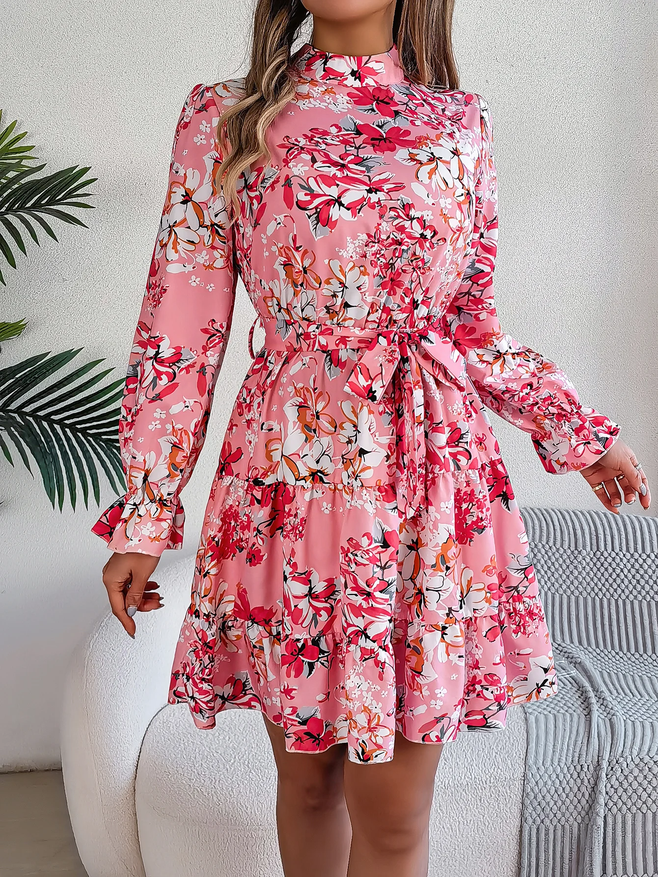 Women Spring Summer Floral Print Long Sleeved A Line Dress