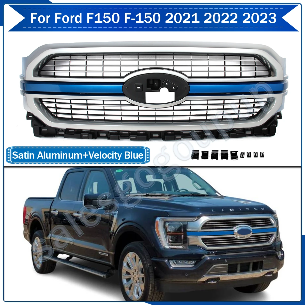 

Fits 21-23 Ford F150 F-150 Limited XLT Front Grille Satin Aluminum&Velocity Blue