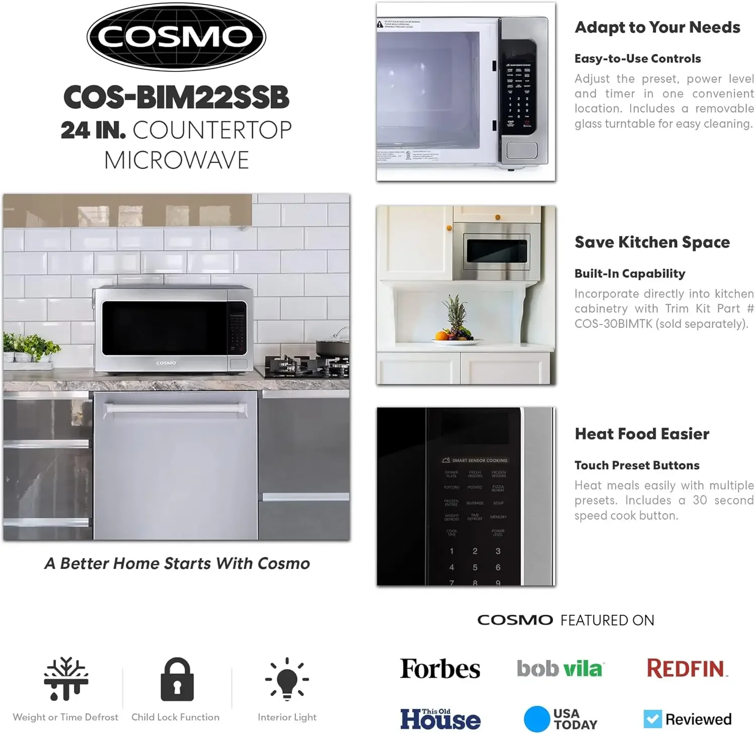 BIM22SSB Countertop Microwave Oven with Smart Sensor, Touch Presets, 1200W & 2.2 cu. ft. Capacity, 24 inch, Stainless 3