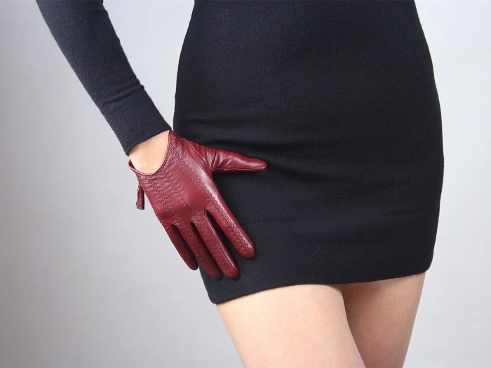 TECH GLOVES Real Leather Dark Red Wrist Short 19cm Zipper Fringe Tassel Genuine Sheepskin Lambskin Women Ladies Touchscreen
