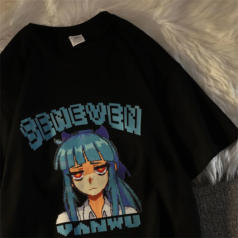 Summer Ladies Tops Cotton Retro Digital Mosaic Anime Girls T-Shirt A Maniche Corte Cartoon Uomo E Donna Trend Avatar Print Tops