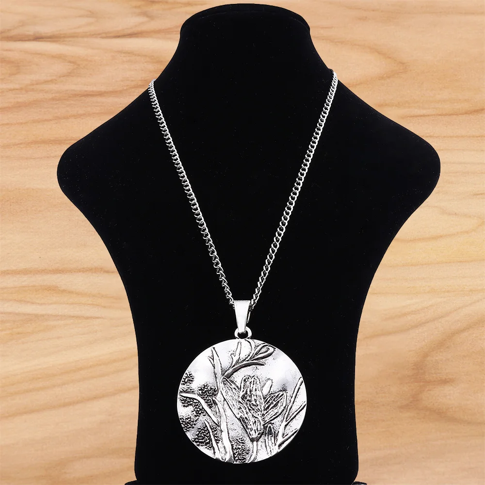 

Large Carved Flower Pendant Circle Round on Long Chain Necklace Lagenlook 34 Inches for Jewellery Women Men Gift