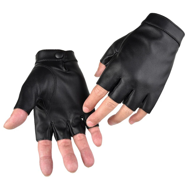 Black PU Leather Fingerless Cycling Gloves for Men Women Outdoor Sports Tactical Mittens 2