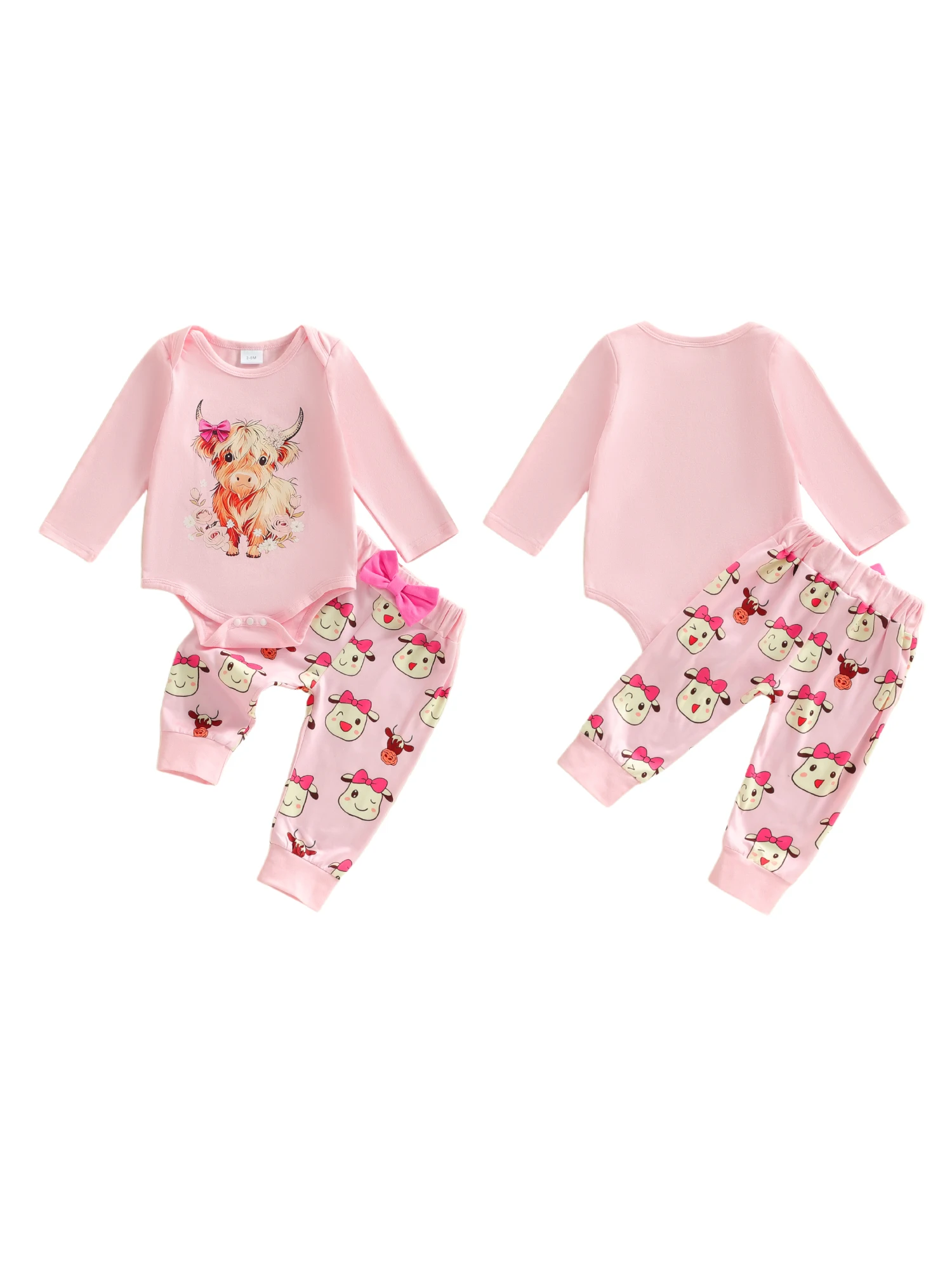 Toddler Girls 2 Piece Outfit Set with Long Sleeve O Neck Highland Cattle Print Romper and Pants for Playtime
