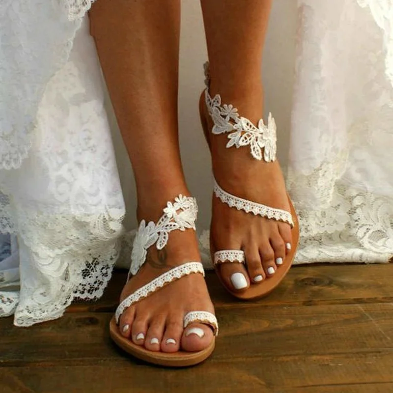 

2023 White Lace Sandals Women Flip Flops Flat Sandals Women Bohemia Beach Shoes Women Plus Size Summer Fashion Woman