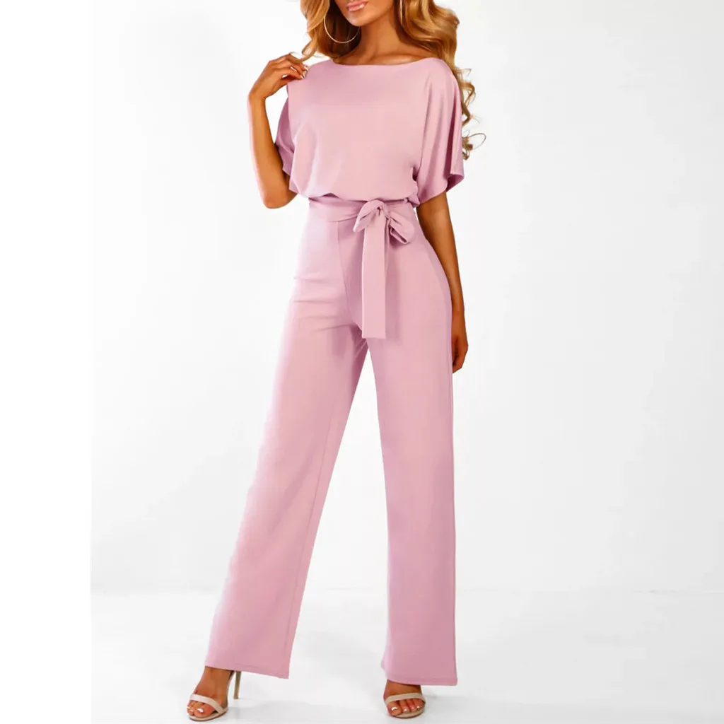 

Women Short Sleeve Playsuit Solid Round Neck Waisted Lady Outfits Elegant Casual Straight Leg Jumpsuit Office Lady Romper