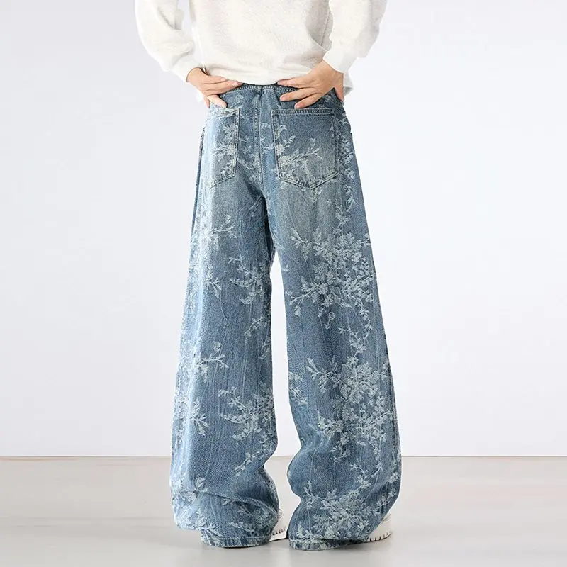 Embroidered Retro Wide-Leg Jeans, Autumn Winter Collection