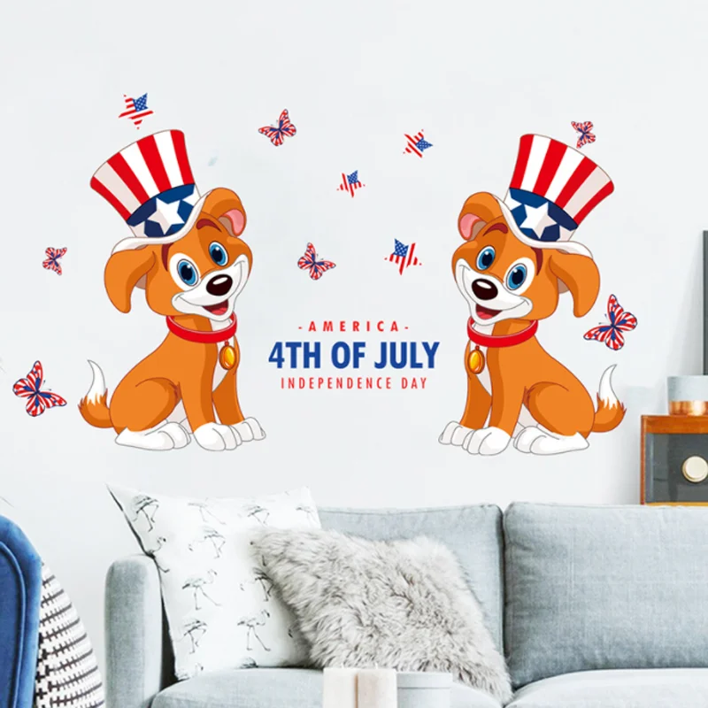 2 Sheets Independence Day Puppy Sticker DIY Window Bedroom Study Living Room Background Decor Scene Wall Static Stickers 30*60cm