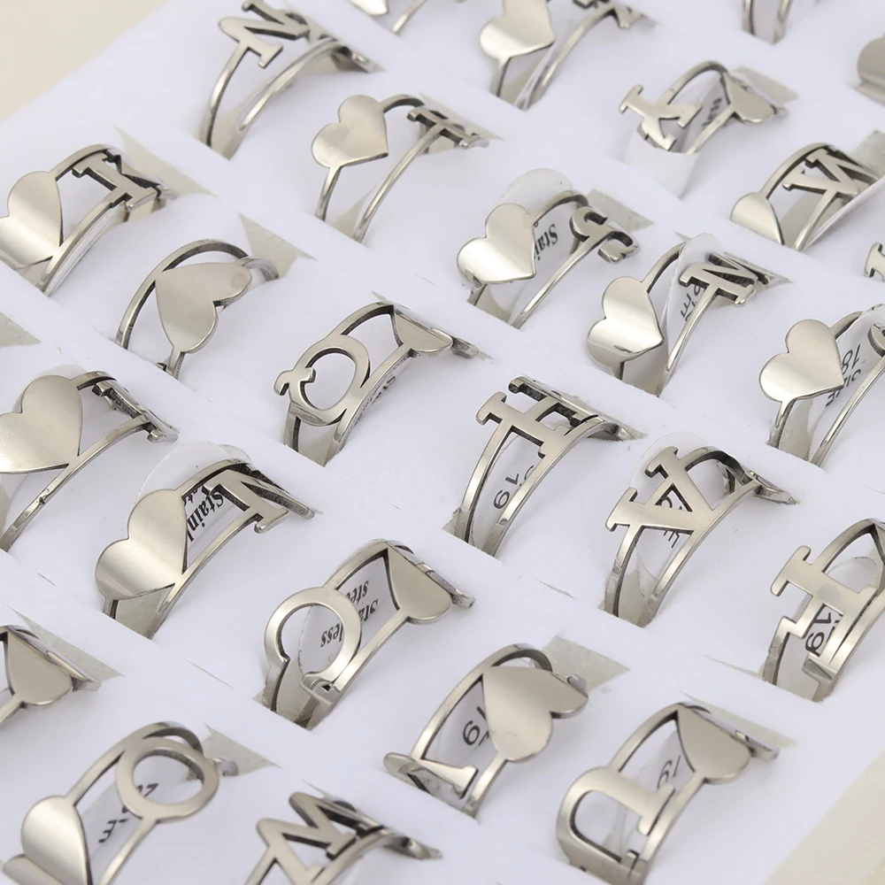 36 Pcs/lot A-Z 26 Letters Heart Stainless Steel Rings for Women Initial Alphabet Couple Ring Female Jewelry Best Friend Gifts 2