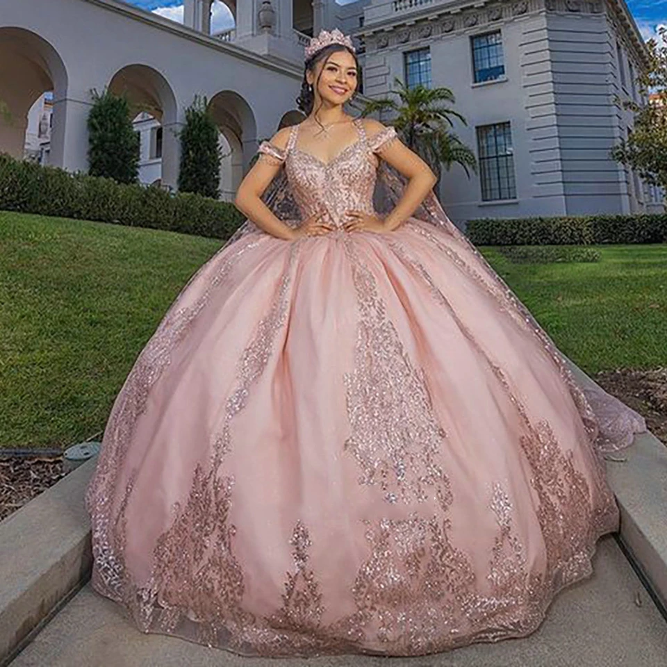 ANGELSBRIDEP Pink Ball Gown Quinceanera Dresses Cape Lace Formal Party Princess Gowns Vestido De 15 Anos Quinceanera Customized