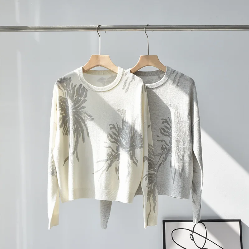 

2023 Early Autumn New Women 100% Pure Cashmere Round Neck Printed Loose Long-sleeved Knitted Sweater