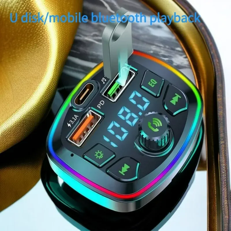 Car Bluetooth 5.0 FM Transmitter PD Type-C Dual USB Fast Charger Colorful Ambient Light Cigarette Lighter For Xiaomi iPhone Poco