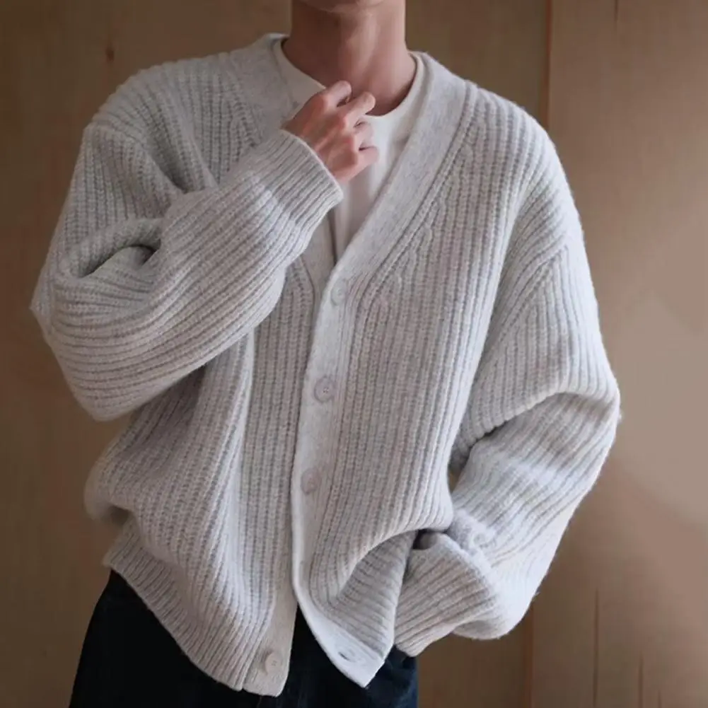 Knitted Cardigan Men's Thick Knitted V Neck Cardigan Sweater Coat for Winter Fall Single-breasted Buttons Long Sleeve Solid