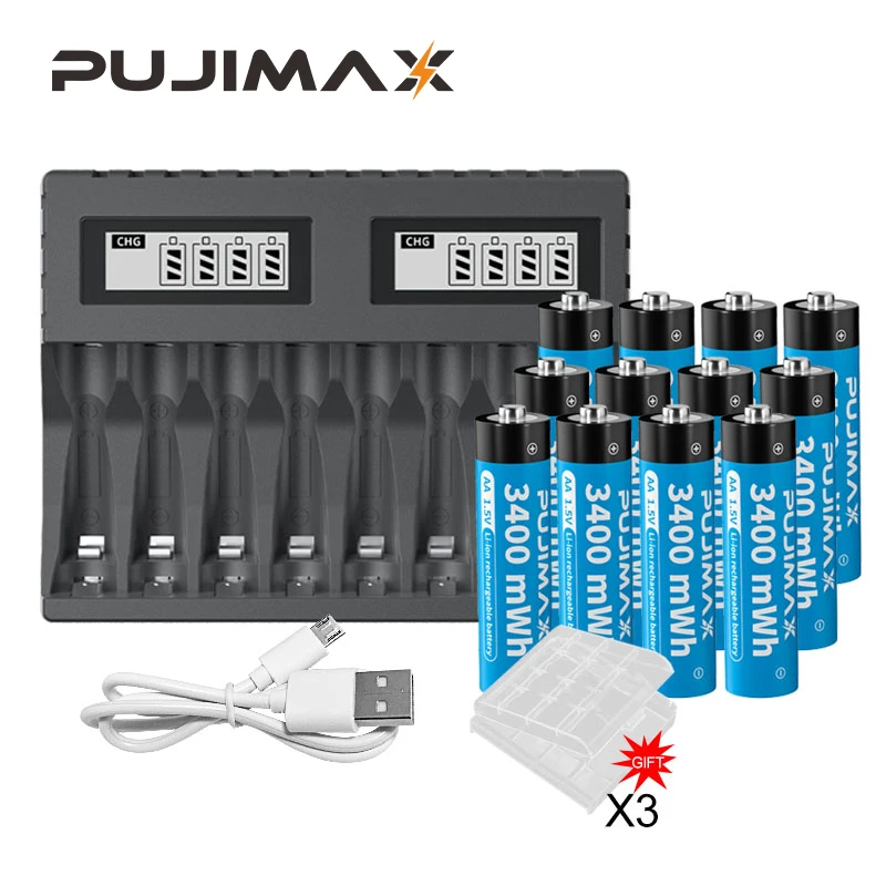 PUJIMAX AA1.5V Rechargeable Lithium Battery 3400mWh 4Pcs Large Capacity Li-ion Recharge Battery With 8 slot 1.5V Battery Charger