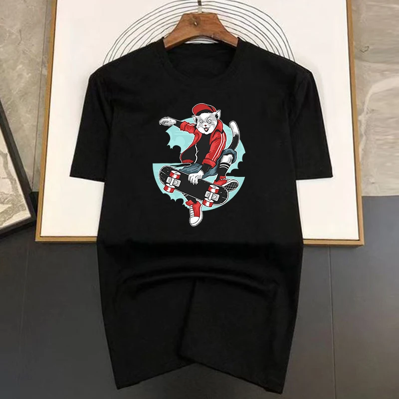 

Skateboarding Cat Print Short Sleeve Luxury Brand Tees Cotton Mens Casual Shirts Oversized Streetwear Fashion Unisex Summer