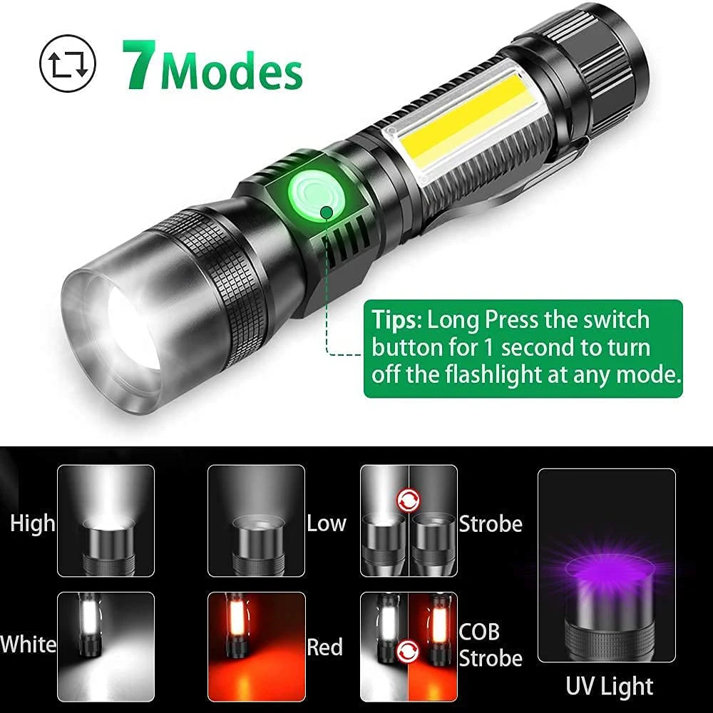 UV Light & Strong Light Flashlight USB Rechargeable Camping Lantern Pets Urine Stains Black Led Ultraviolet Torch