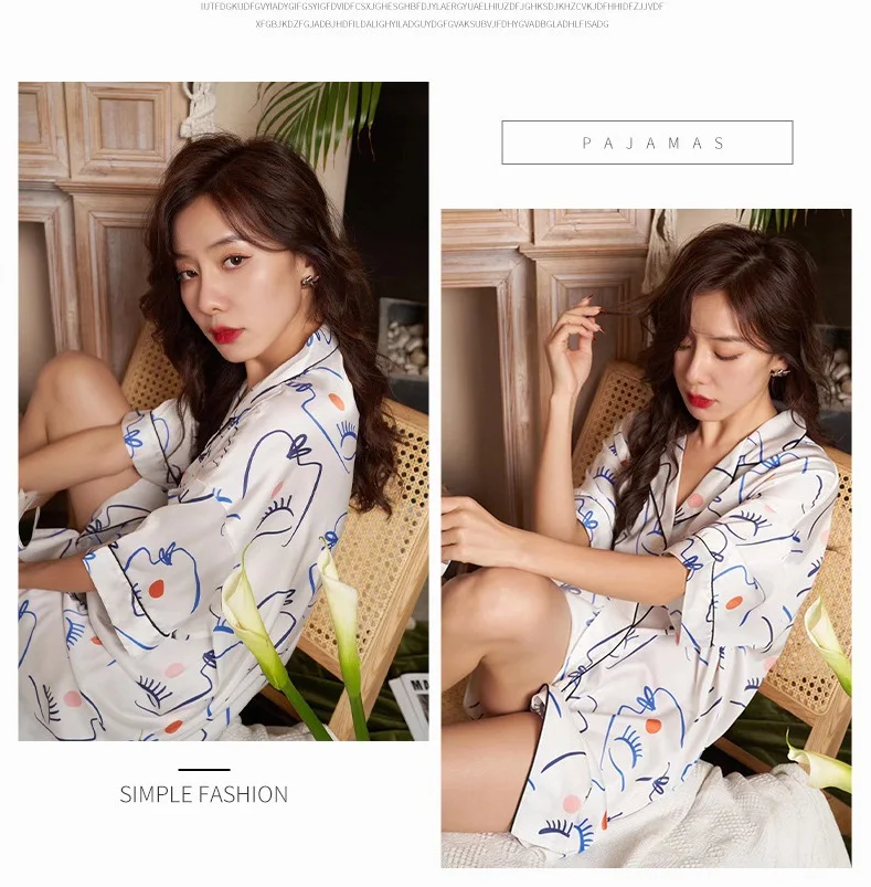 Simulated silk pajamas women's new sexy boyfriend style shirts home clothes mid-length thin loose nightdresses