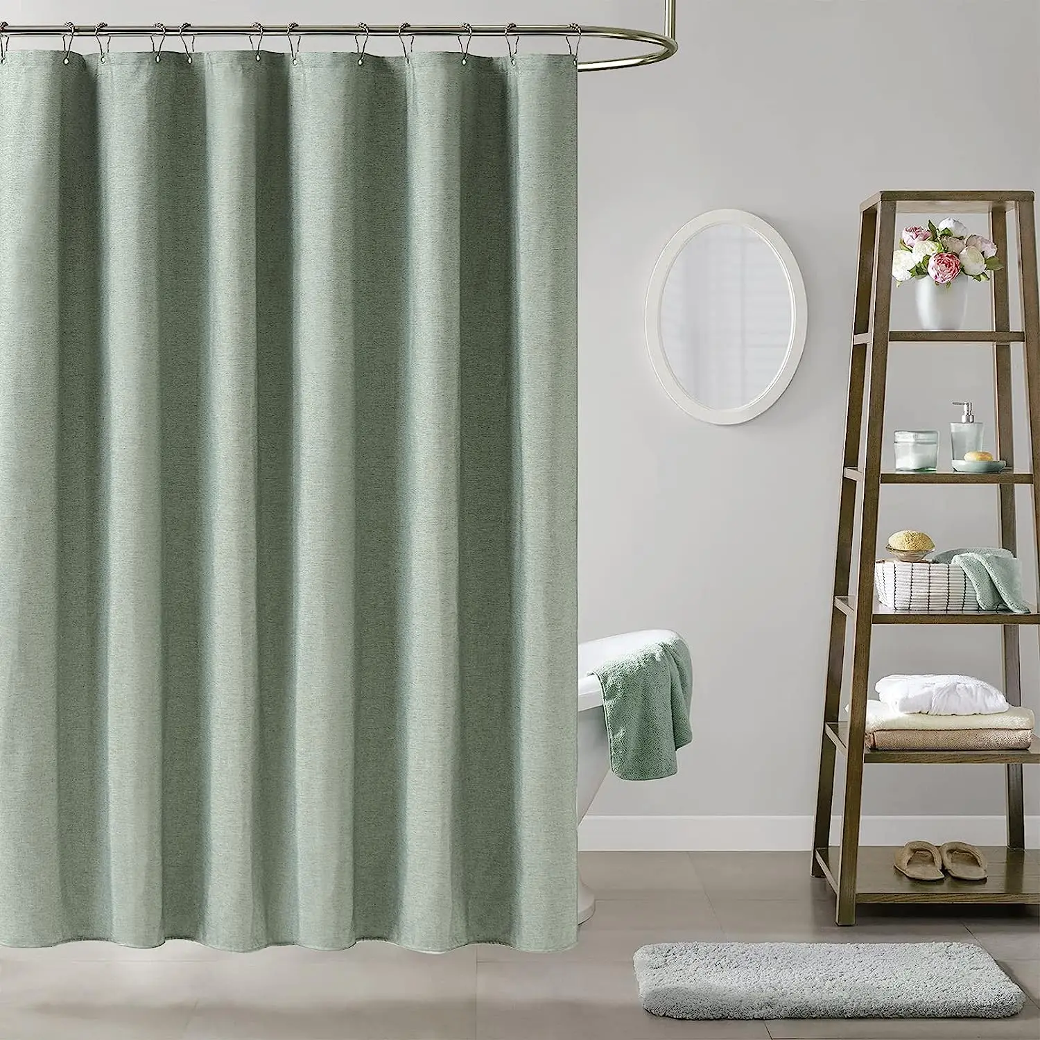 Linen Shower Curtain Bathroom Waterproof Thick Fabric Bath Curtains Bathtub Large Bathing Cover with Silver Metal Hooks