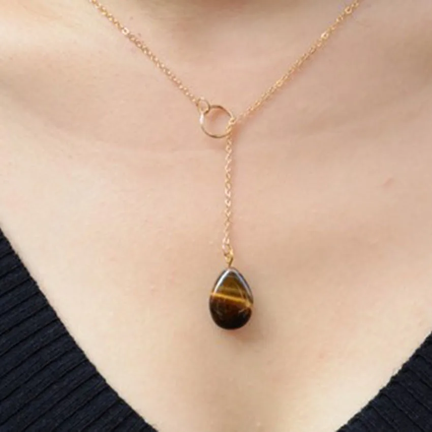 

XSM Natural Tiger Eye Stone Water Drop Pendant Necklace Healing Stone Crystal Chakra for Women Protection Rock Jewelry