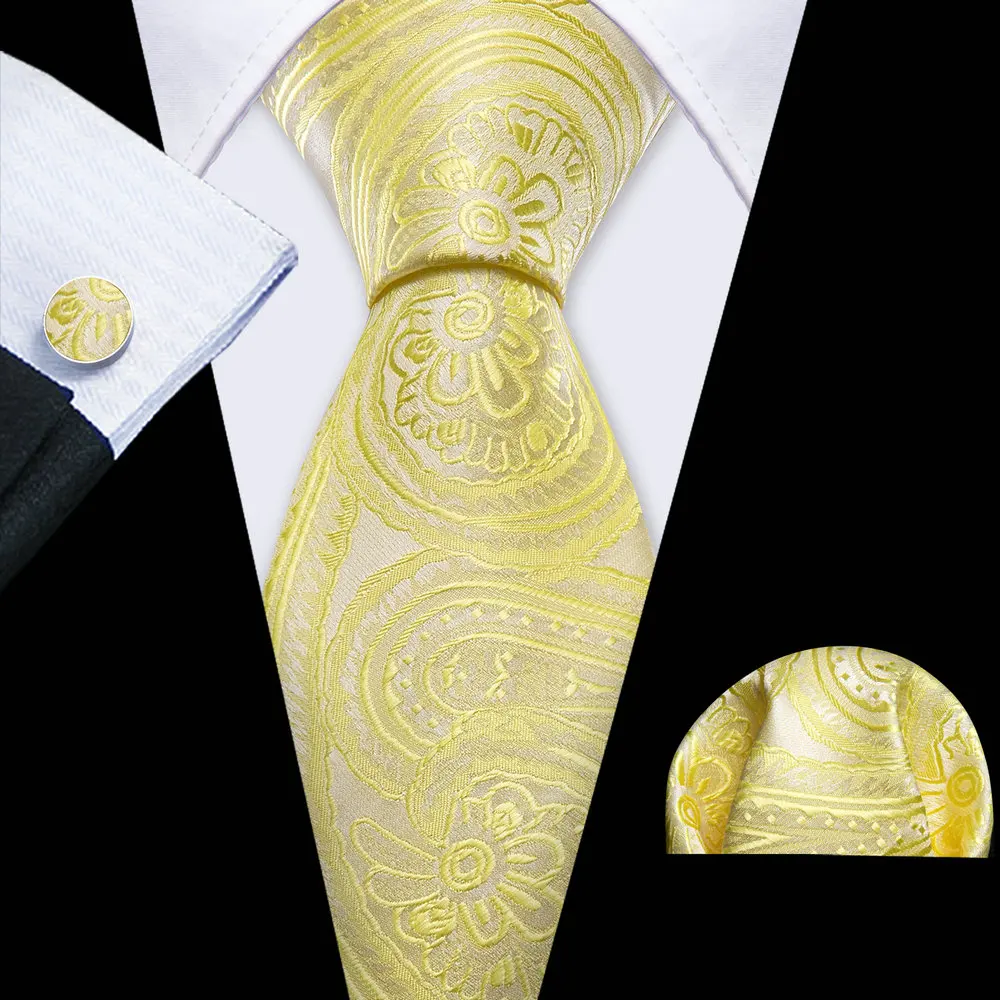 

Classic Yellow Men's Tie With Pocket Square Cufflink Set New Paisley Silk Suit Necktie For Male Formal Designer Party Barry.Wang