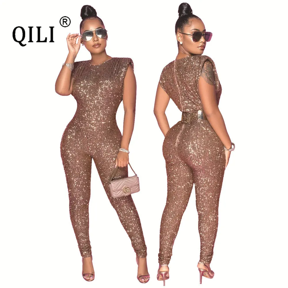 QILI-Women's Sequined Sleeveless Jumpsuit without Belt, Sexy, S-5XL, Hot Sale, New