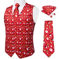 Christmas Santa Claus Elk Bell Print Lovely Suit Vest for Men Neck Tie Set Handkerchief Cufflinks Family Party Men Clothing 1