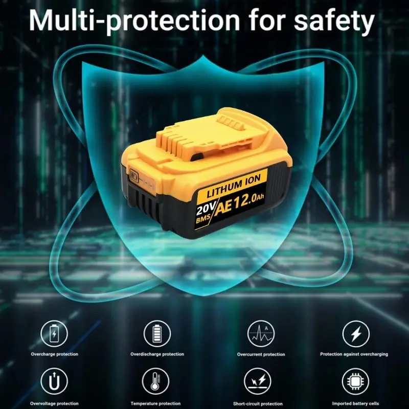Aoae 충전식 전동 공구 배터리, DEWEI 20V 12000mAh, LED 리튬 이온 교체, DCB205 DCB184 DCB200