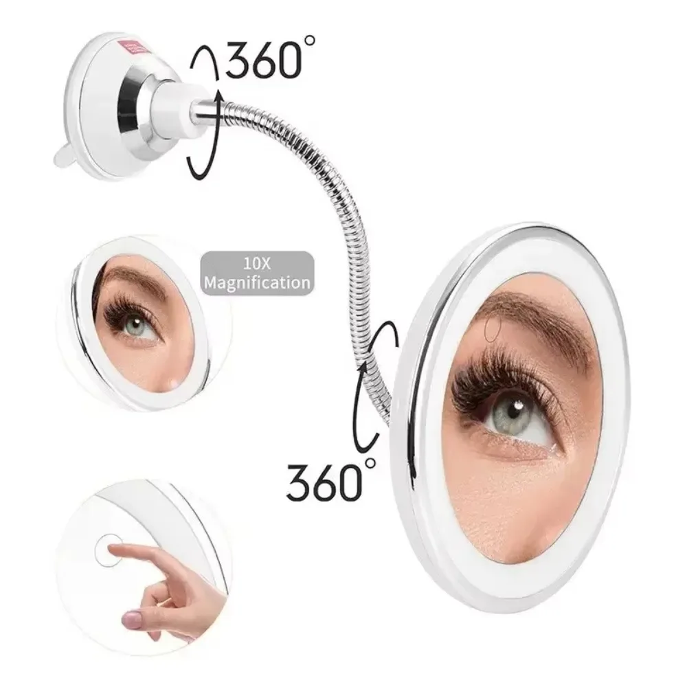 360 Degree Rotation Makeup Mirror Wall-Mounted 10x Magnifying Vanity Mirrors LED Light Illuminated Suction Cup