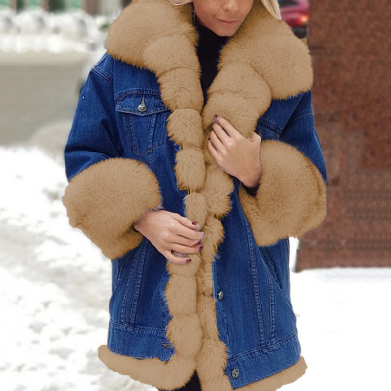 سترة دنيم نسائية متكاملة من الفراء مع قطيفة ، بأكم...