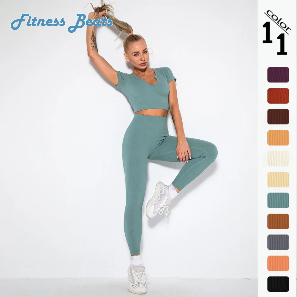 

Yoga Set Fitness Quick Drying Breathable Solid Color Elasticity High Waisted Shockproof Seamless Thread Lady Half Sleeve Pants
