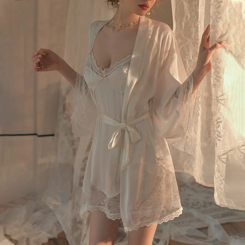 

White Twinset Robe Set Bride Lace Nightgown Sleepwear Women Kimono Bathrobe Gown Sleep Suit Summer Silky Satin Nightdress