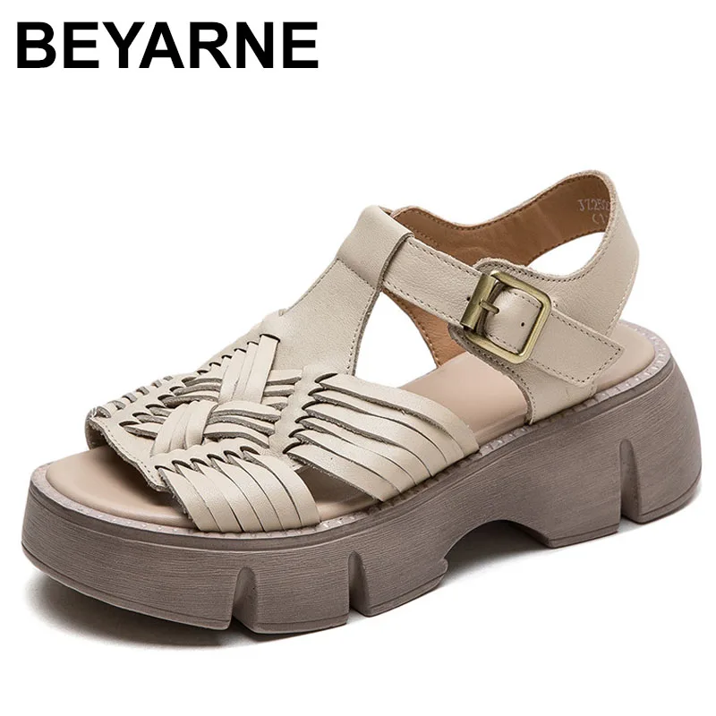 

Top Grade Cowhide Genuine Leather Sandals Women Handmade Shoes 4.5cm Wedge Heel Bucket Strap Lady Mother Gift