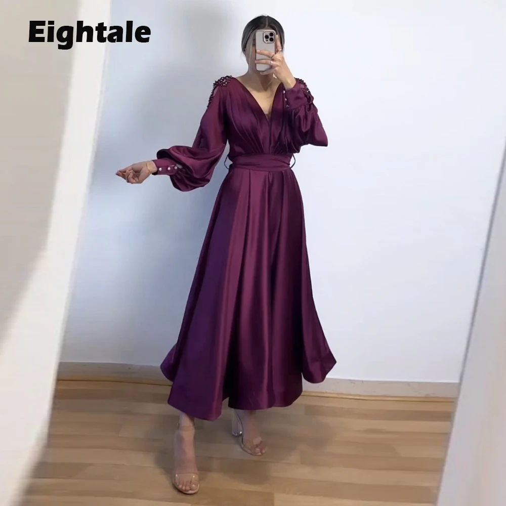 

Eightale Short Prom Dresses V-Neck Appliques Beaded Long Puffy Sleeves Evening Gown Satin Party Dress vestidos para graduación