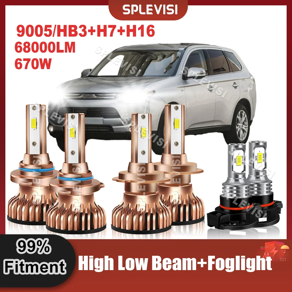 

LED Headlight Bulbs Combo HID White For Mitsubishi Outlander 2014 2015 2016 2017 2018 High Beam 9005 Low Beam H7 Foglight H16