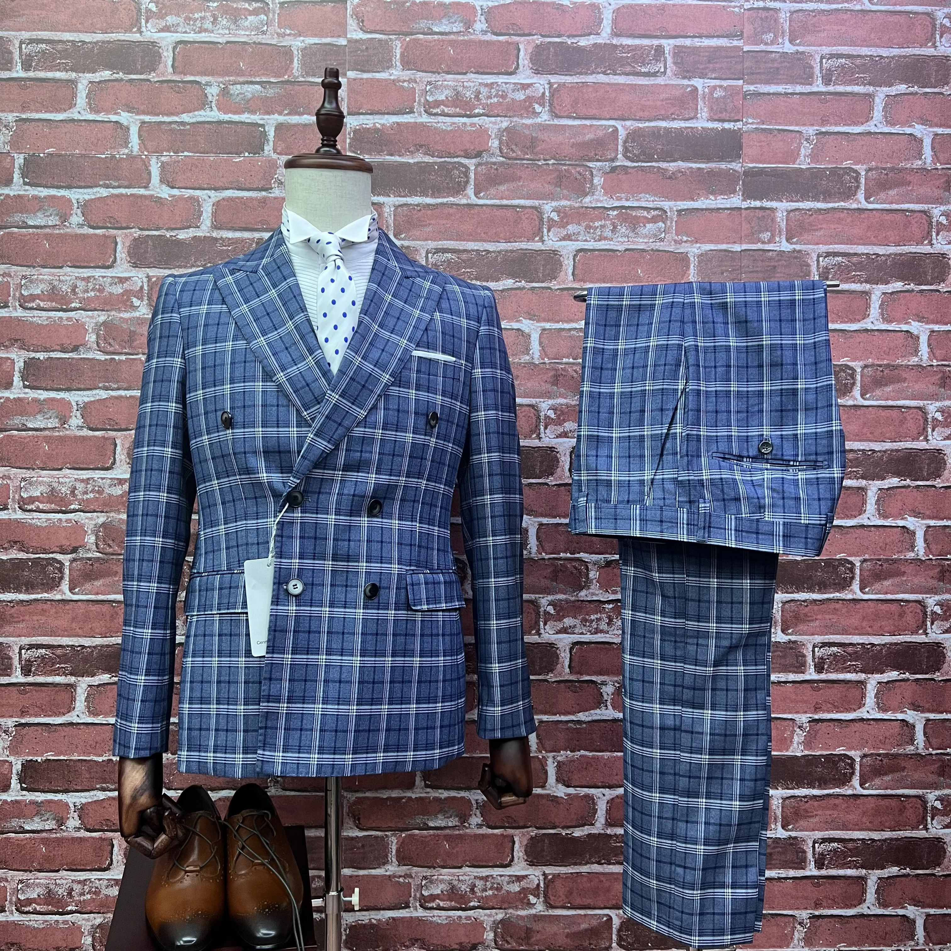 

C-D-G Check Slim Fit Business Work Office Uniform Plaid Suit Party Prom Banquet Wedding Double Breasted Six Buttons