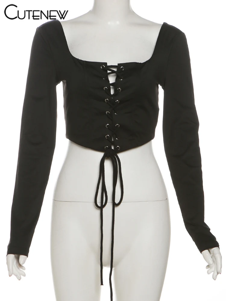 Camisetas clásicas para mujer, moda salvaje, vendaje, manga larga, cuello cuadrado, tops ajustados, camisetas de calle lisas y concisas para mujer