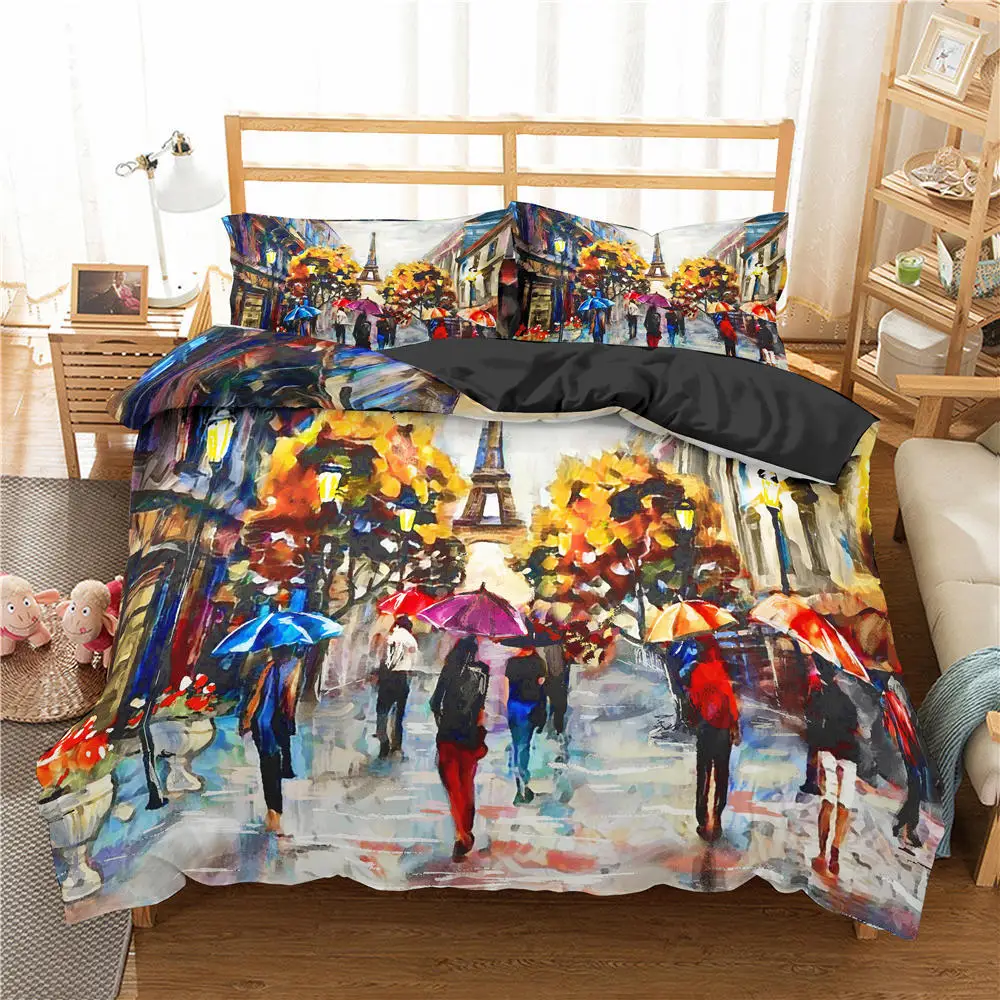 Bedding Set Microfiber French Style Home Decor Grey Cityscape Bedspread