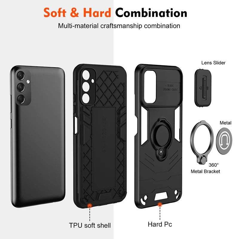 Shockproof Armor Phone Case with Magnetic Ring Holder and Wireless Charging Compatibility