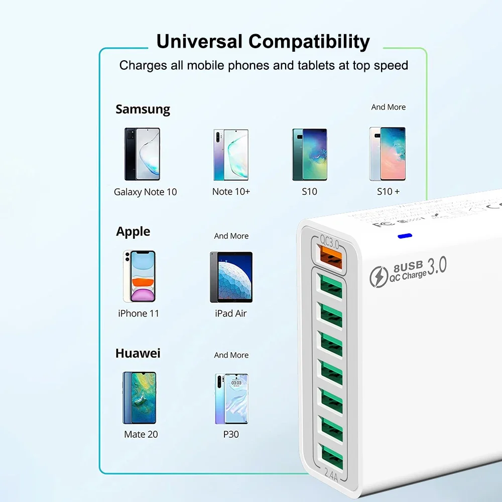 65W Portable 8 Ports USB Fast Charging Charger Quick Charge 3.0 Mobile Phone Adapter For iPhone 15 Pro Max Xiaomi Samsung Huawei