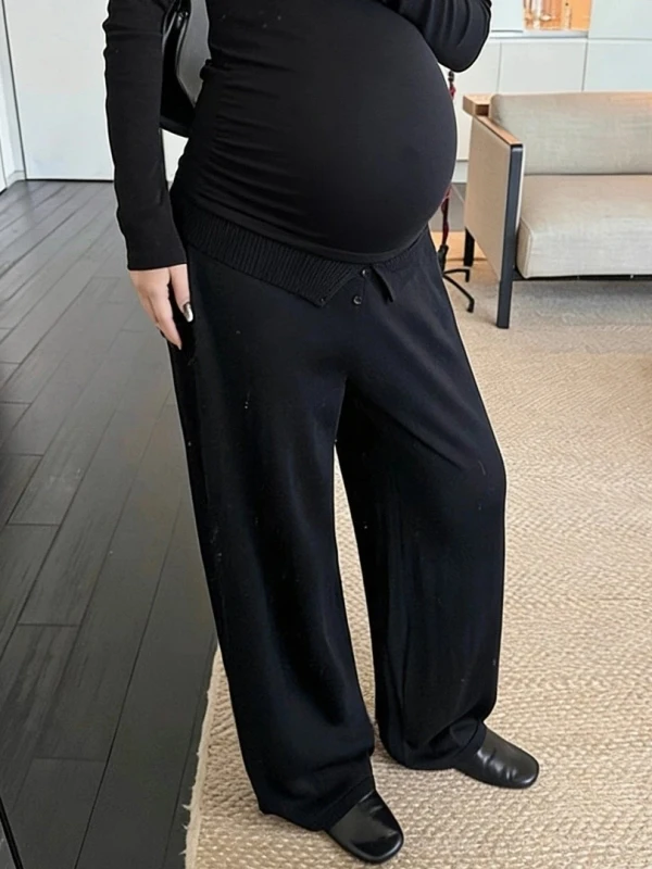 임산부용 루즈핏 와이드 레그 팬츠 로우 웨이스트 블랙 캐주얼 바지 편안한 슬리밍 플러스 사이즈 아웃도어웨어 봄 여름