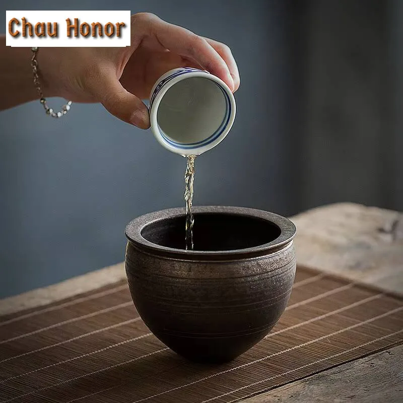 550ml Handmade Iron Rust Glaze Jianshui Ancient Coarse Pottery Tea Washing Basin Writing-brush Washer Chaxi Teaware Ornaments