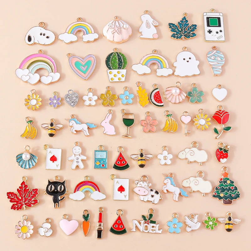 Random Mixed 10-50pcs Kawaii Enamel Charms Cute Hearts Animals Flowers Fruits Star Rainbow Charms for DIY Jewelry Making Pendant