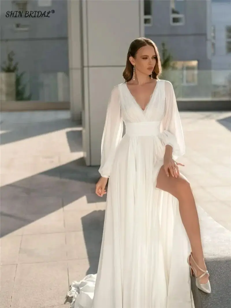 

SHIN BRIDAL Tulle Long Sleeves Evening Dress for Women High Slit A Line Bridesmaid Dresses Floor Length Backless Wedding Dresses