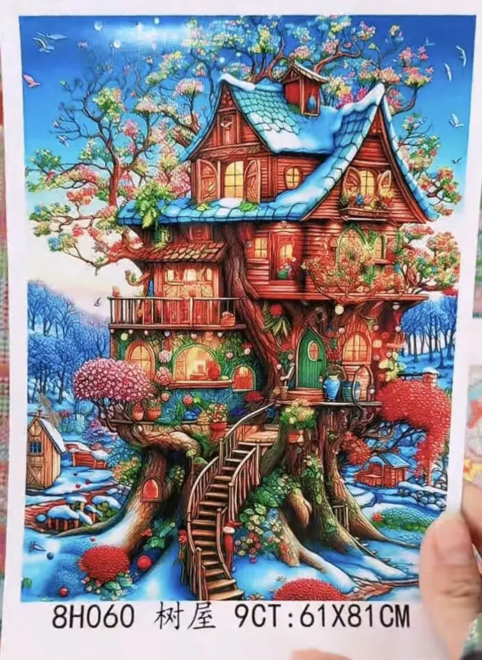9ct 61x81cm Tree House Embroidery DIY Chinese Style Printed Kits Cross Stitch Needlework Set Home Decor Crafts
