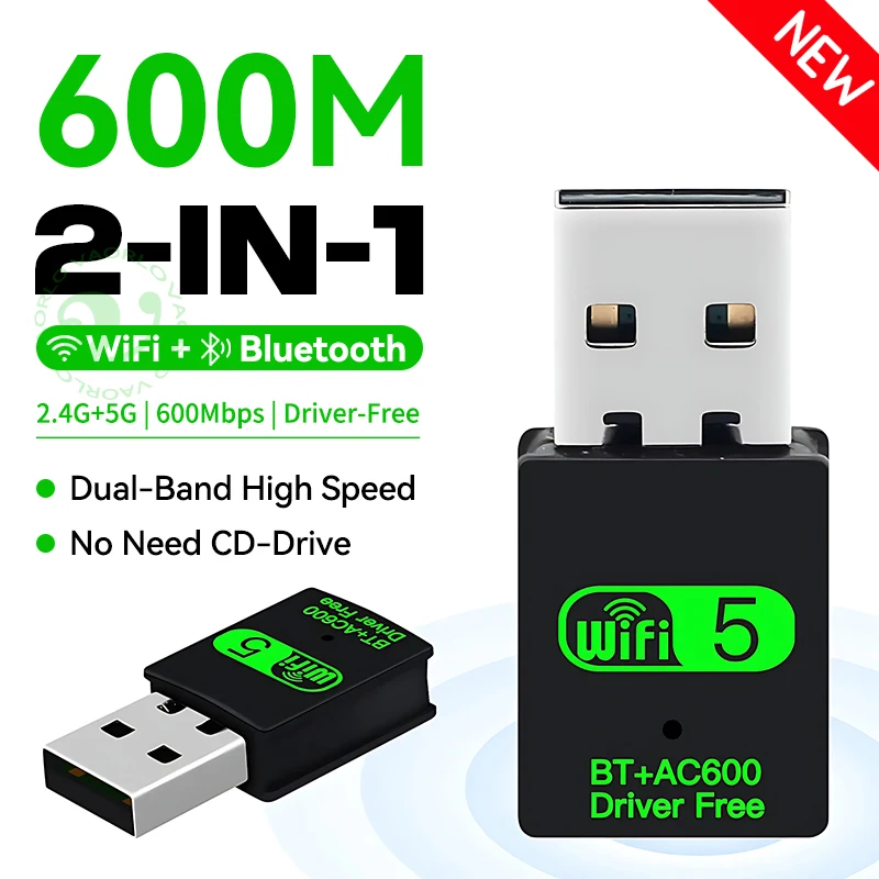 600Mbps USB WiFi 블루투스 어댑터 2 IN 1 듀얼 밴드 2.4G/5GHz Wi-Fi 동글 고속 무선 네트워크 카드 수신기 PC 노트북
