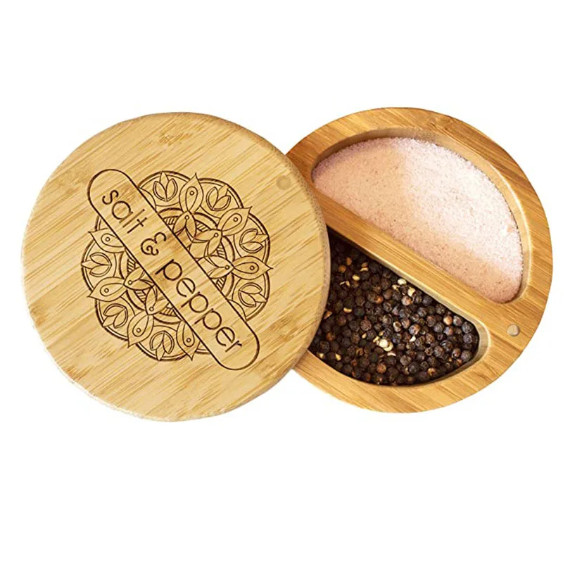 

Bamboo Salt and Pepper Bowl Box Cellar Container Divided,Swivel Lid to Keep Dry, Sea Salt Spice Seasoning Keeper Holder