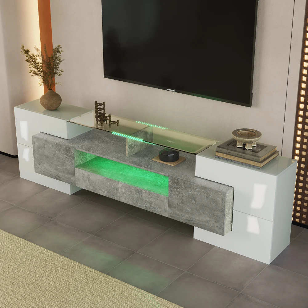 Moderner Hochglanz-TV-Schrank – LED-Beleuchtung, Glasoberfläche, stilvolle Medienaufbewahrungsmöbel für das Wohnzimmer, Entertainment-Center – Detail 4