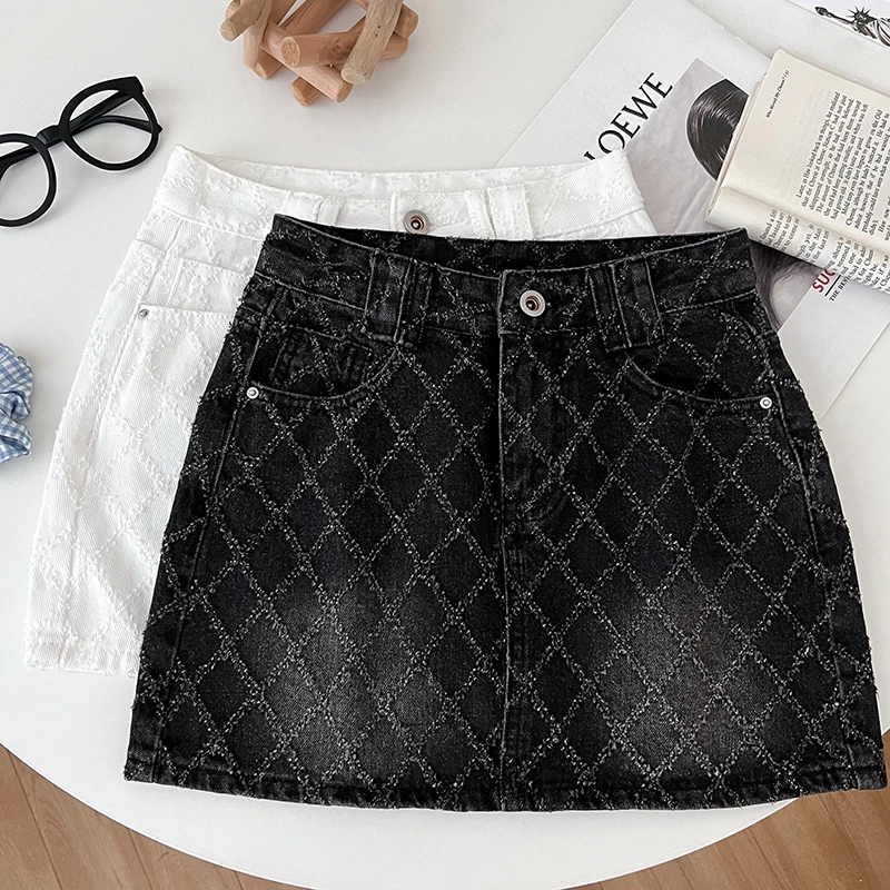 

Casual Wrapped Skirts Women Argyle Pockets Anti-emptied Denim Skirt Korean Style Shinning A-line Solid Skirt Summer Dropshipping