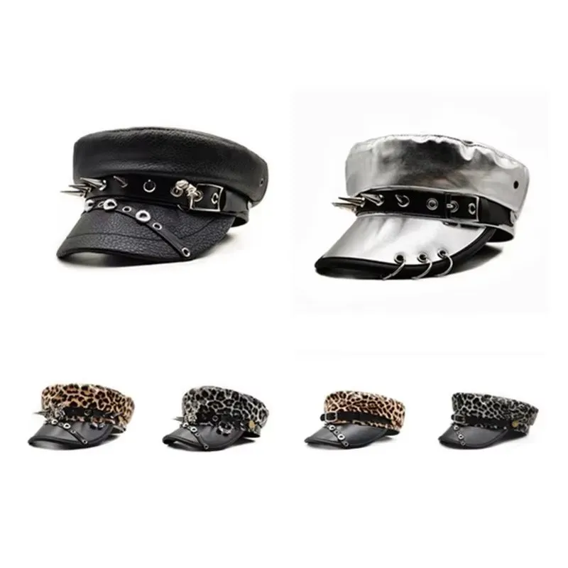 Korean Version New Original Spicy Girl Leopard Print Rivet Leather Buckle Flat Top Hat Subculture Leather Newsboy Hat